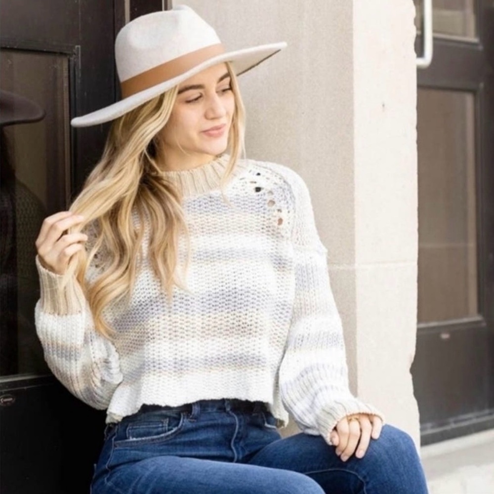 Free People “Devon” Striped Cropped Chunky Knit Sweater Cotton Blend size L